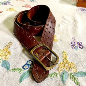 Vintage Leather Perforated Belt with Burnished Brass Buckle. Brown. Large 42-44